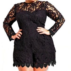 Black Lace Shorts Long-sleeve Romper L